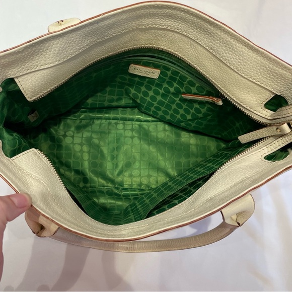 Vintage Luxury Kate Spade White Leather Dot Noel Tote Green Interior Old Money - Picture 13 of 16